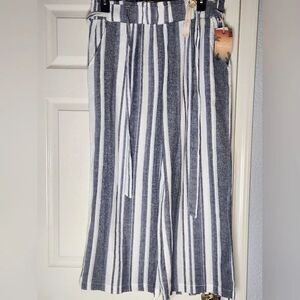 NWT April Kiss XL Striped White Gray Pockets LINEN Blend Wide Legs Women’s Pants